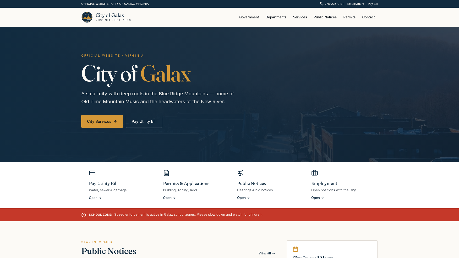 Screenshot of the City of Galax website prototype