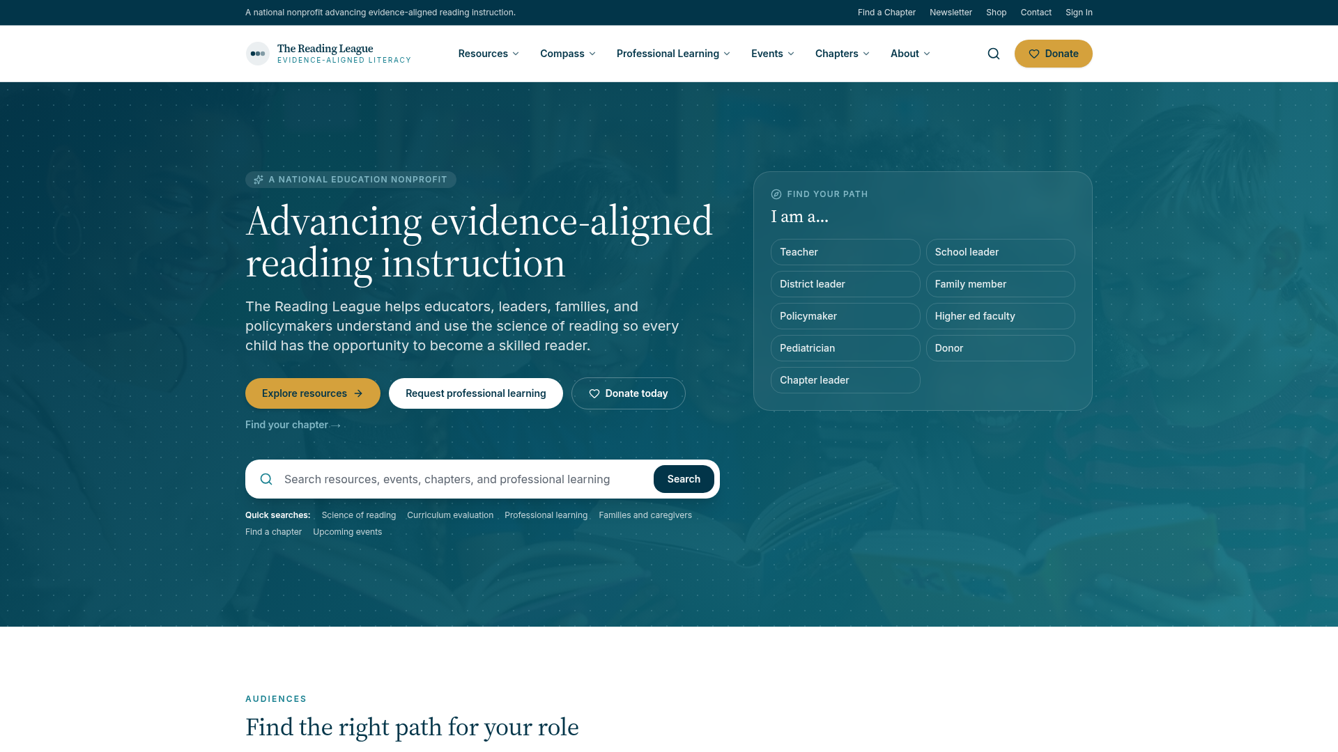 Screenshot of the The Reading League website prototype