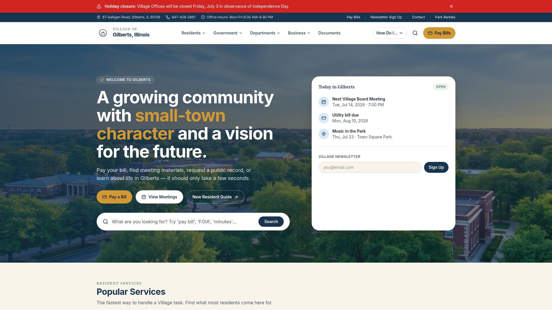 Screenshot of the Village of Gilberts website prototype